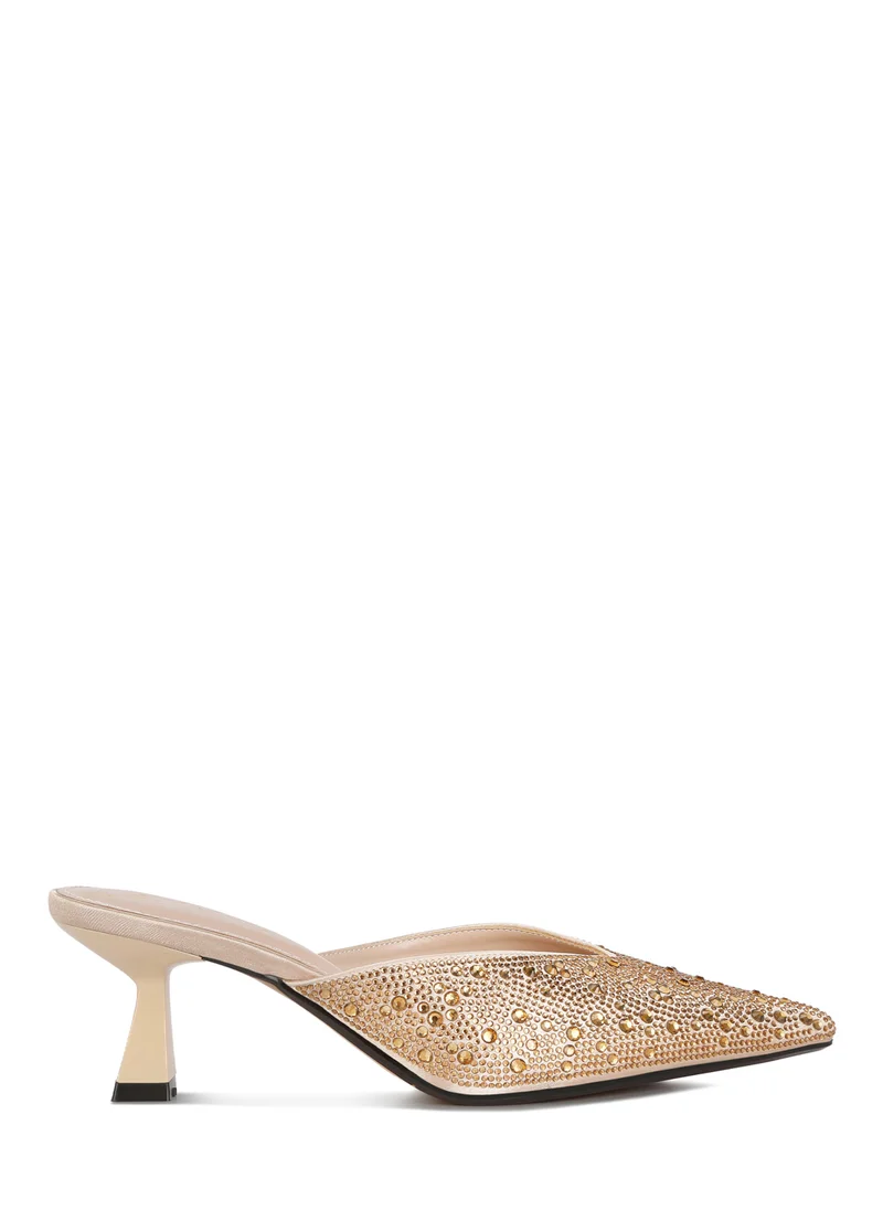 London Rag Rhinestones Embellished Satin Mules in Gold
