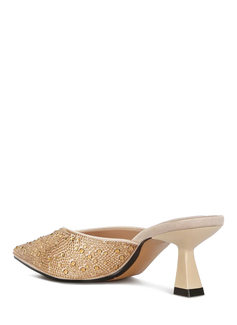 London Rag Rhinestones Embellished Satin Mules in  Beige Gold