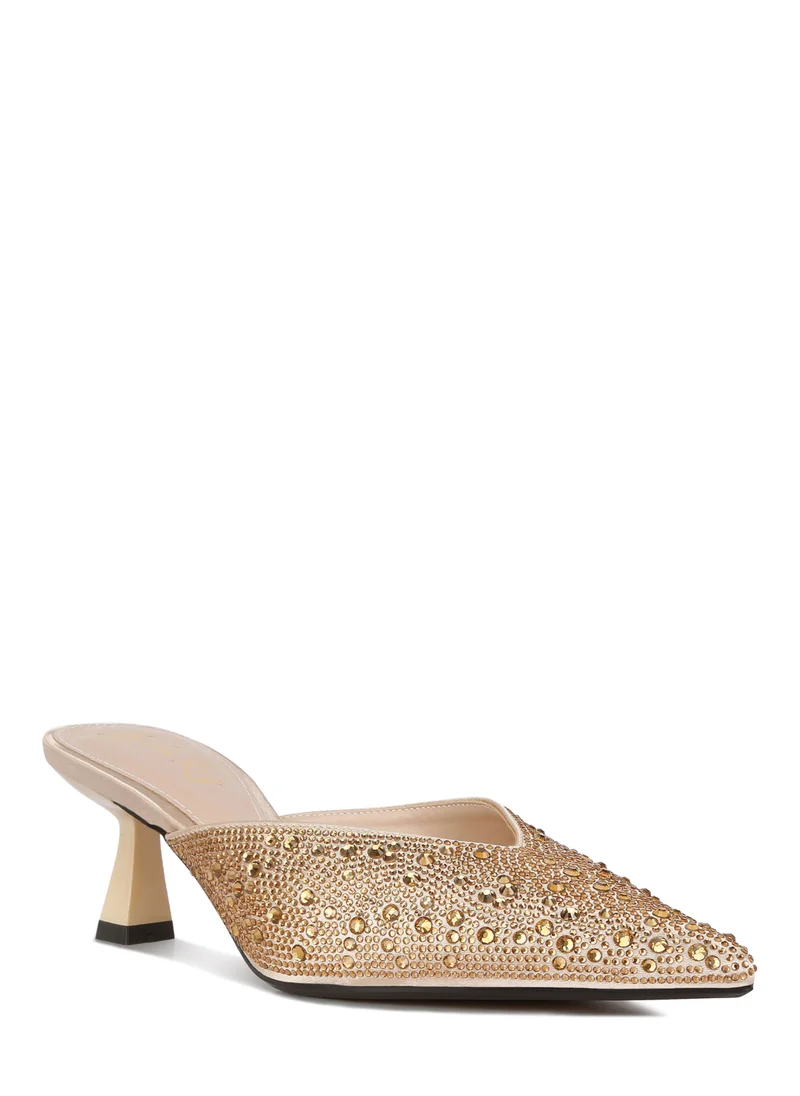 London Rag Rhinestones Embellished Satin Mules in Gold