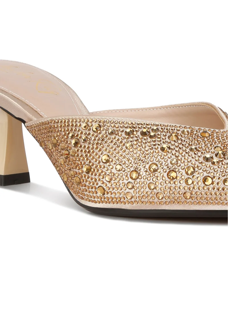 London Rag Rhinestones Embellished Satin Mules in  Beige Gold