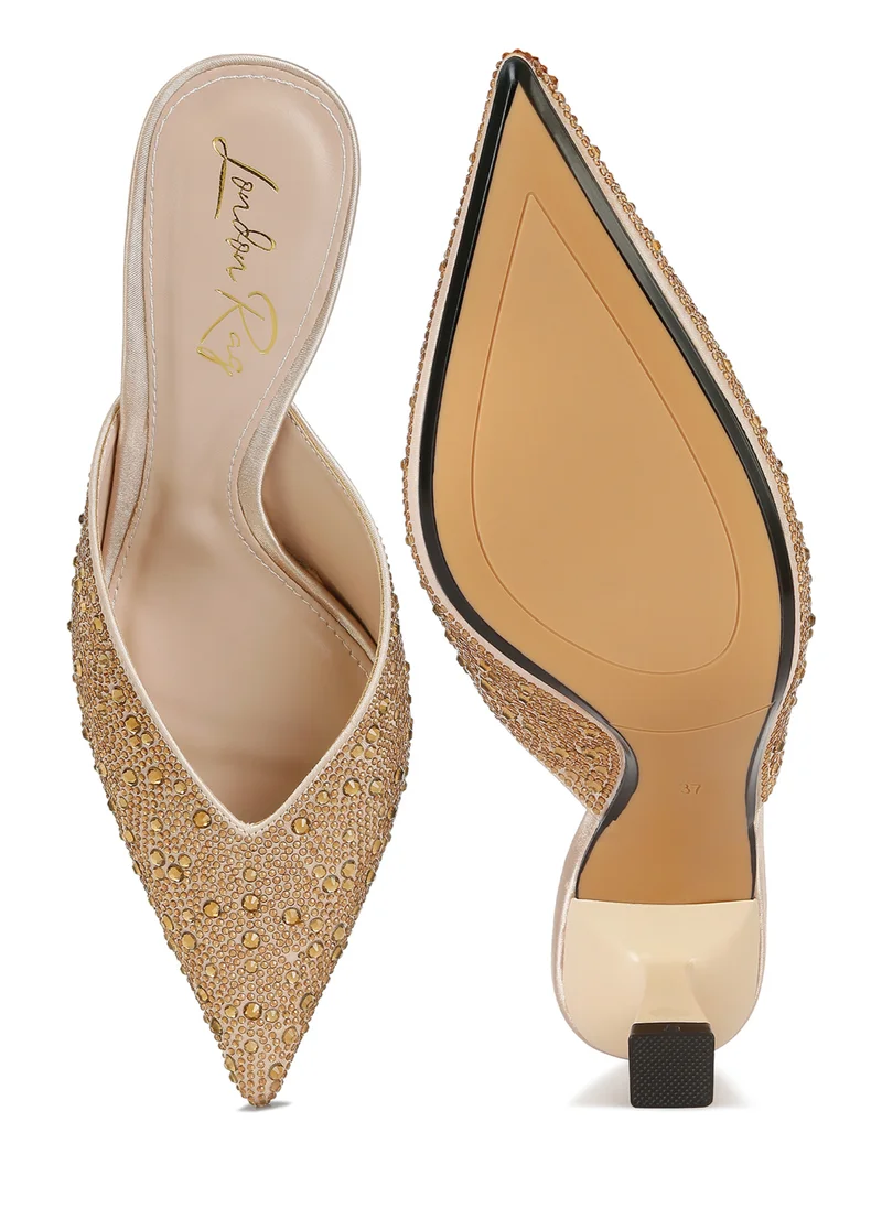 London Rag Rhinestones Embellished Satin Mules in  Beige Gold