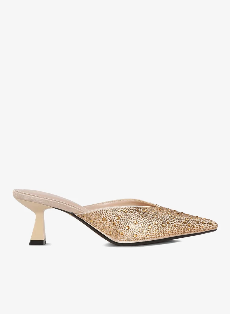 Rhinestones Embellished Satin Mules in  Beige Gold