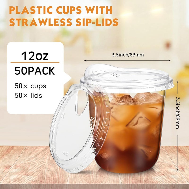 Baderke 50 Pcs Round Bottom Plastic Cups with Sip Lids Clear Disposable Iced Coffee Cups for Smoothie Cold Beverage Coffee Shops and Party Catering (12 oz,Clear) - Image 3