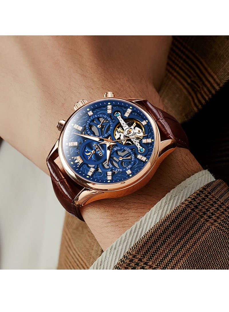 OLEVS Men's Hollow Mechanical Formal Casual Leather Waterproof Watch 6658 - Image 4