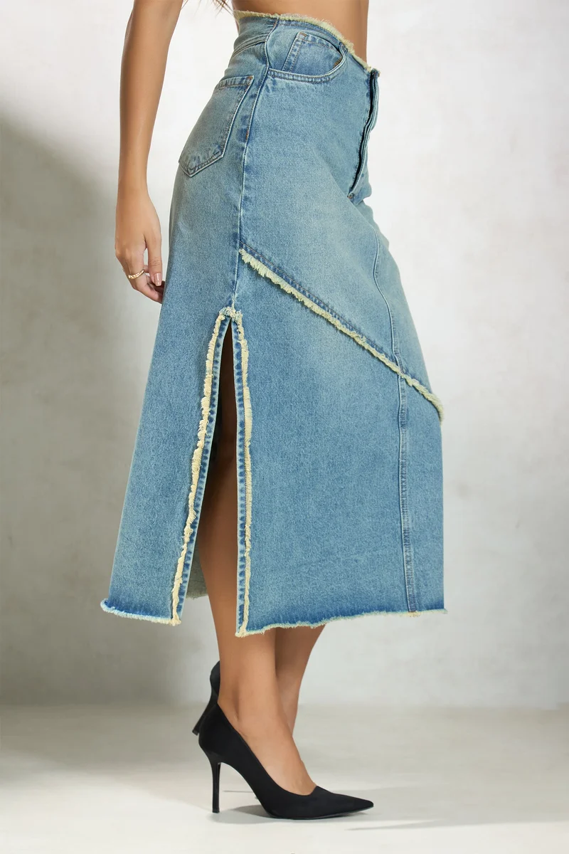 فيرجيو Solid Cotton Denim Midi Slit Raw Edge Skirt for Women