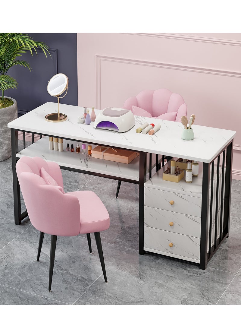 GoldenLike  طاولة أظافر متعددة الوظائف مع مساحة تخزين، طاولة أظافر احترافية بنمط رخامي مقاس 100 سم، مكتب مكياج، محطة مانيكير، محطة عمل صالون سبا - Image 1