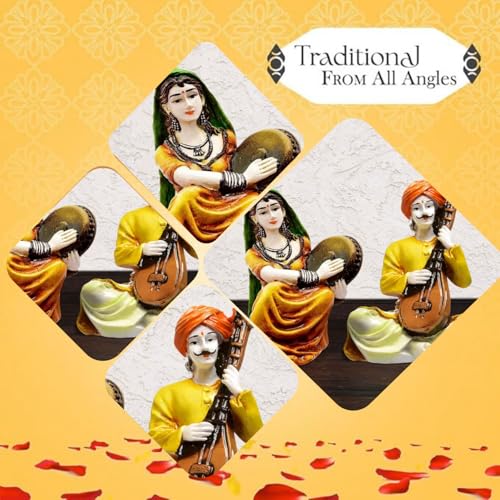 Karigaari India Handcrafted Rajasthani Couple Showpiece Set of 2 Decorative Resin Figurines Traditional Multicolour Ethnic Art Sculpture for Home Living Room Office Table Decor - Image 4