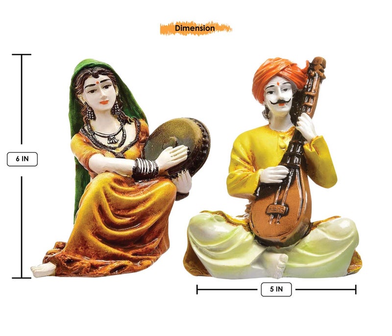 Karigaari India Handcrafted Rajasthani Couple Showpiece Set of 2 Decorative Resin Figurines Traditional Multicolour Ethnic Art Sculpture for Home Living Room Office Table Decor - Image 3