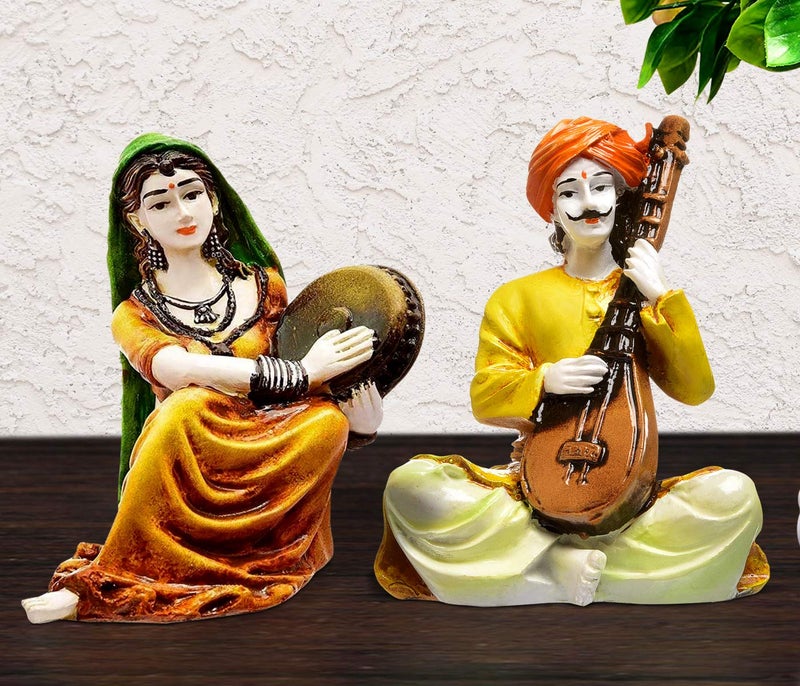 Karigaari India Handcrafted Rajasthani Couple Showpiece Set of 2 Decorative Resin Figurines Traditional Multicolour Ethnic Art Sculpture for Home Living Room Office Table Decor - Image 1