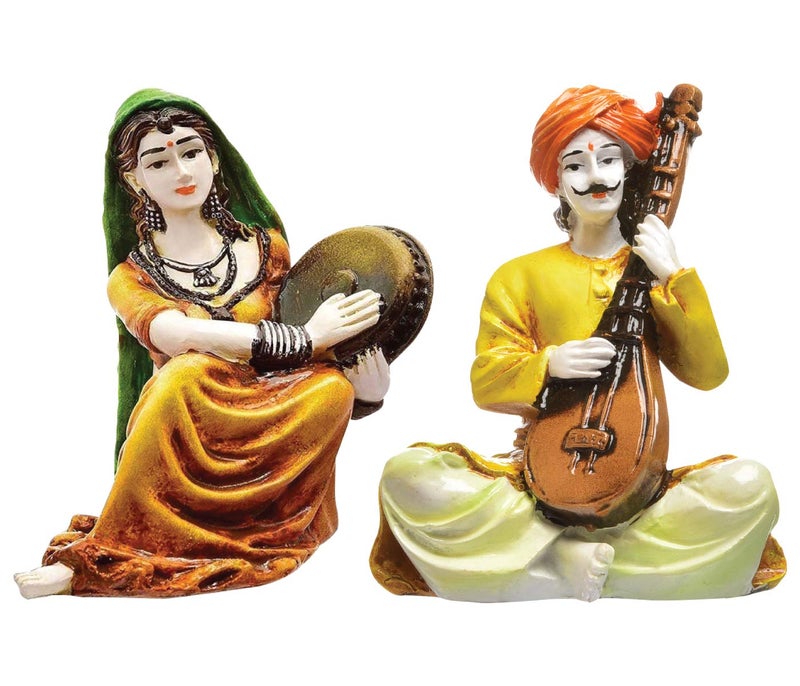 Karigaari India Handcrafted Rajasthani Couple Showpiece Set of 2 Decorative Resin Figurines Traditional Multicolour Ethnic Art Sculpture for Home Living Room Office Table Decor - Image 2