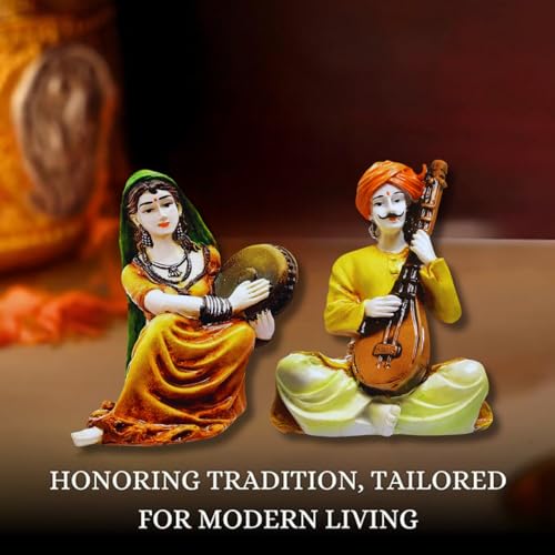 Karigaari India Handcrafted Rajasthani Couple Showpiece Set of 2 Decorative Resin Figurines Traditional Multicolour Ethnic Art Sculpture for Home Living Room Office Table Decor - Image 5