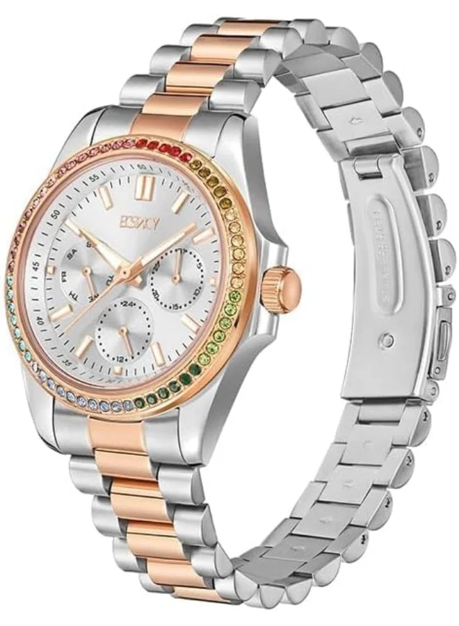 ECSTACY ECSTACY Women's VX3J Movement Watch, Multi Function Display and Stainless Steel Strap - E23615-KBKS, Two Tone Rose Gold