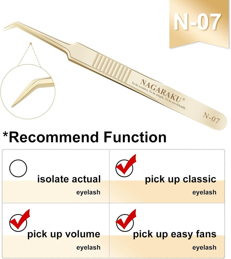NAGARAKU Tweezers for Eyelash Extensions Gold Curved Angled Volume Cluster Super Light Weight Easy Fanning Tweezers Stainless Steel Precision N07 - Image 3