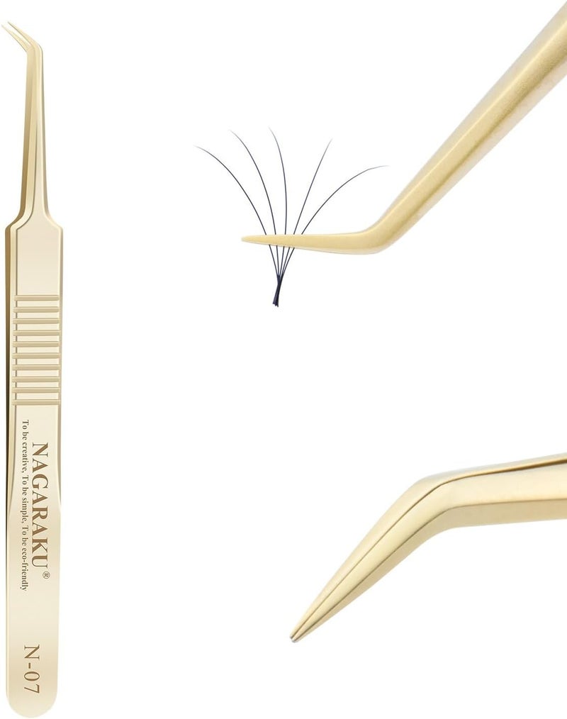 NAGARAKU Tweezers for Eyelash Extensions Gold Curved Angled Volume Cluster Super Light Weight Easy Fanning Tweezers Stainless Steel Precision N07 - Image 1