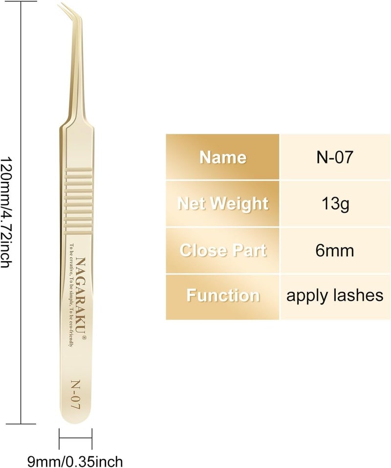 NAGARAKU Tweezers for Eyelash Extensions Gold Curved Angled Volume Cluster Super Light Weight Easy Fanning Tweezers Stainless Steel Precision N07 - Image 2