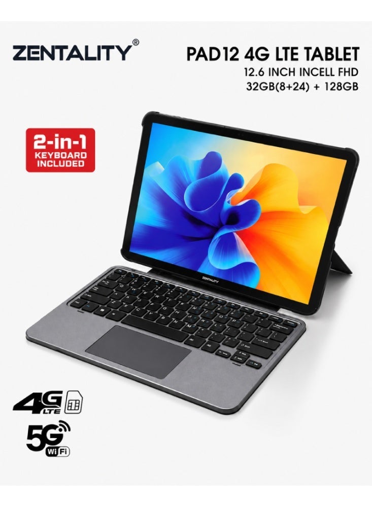Zentality PAD 12 Android 14 Tablet, 12.6-Inch FHD Display, 4G LTE, 32GB (24+8) RAM, 128GB Storage, with Keyboard, Mouse and Stylus – Gray - Image 1
