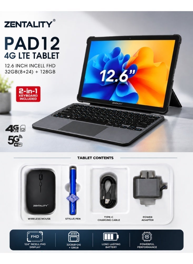 Zentality PAD 12 Android 14 Tablet, 12.6-Inch FHD Display, 4G LTE, 32GB (24+8) RAM, 128GB Storage, with Keyboard, Mouse and Stylus – Gray - Image 3