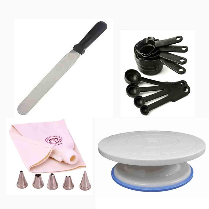 BAKERS PARDISE Bakers Pardise ALHUTAIB Combo Set Cake Turn Table Reusable Icing Bag Nozzles Icing Smoothing Spatula Measuring Cup Spoon Kitchen Tool Set - Image 1