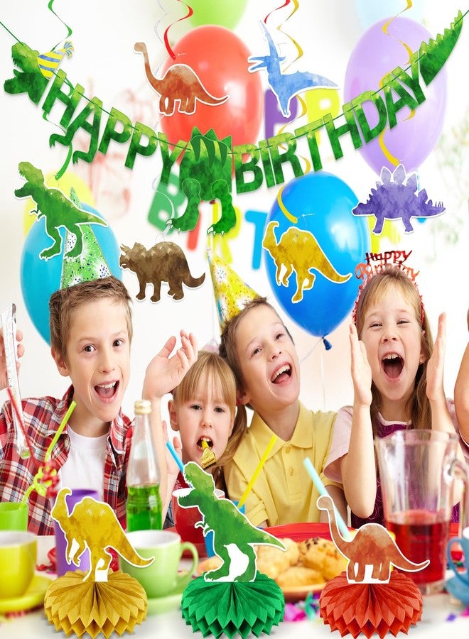 زينة عيد ميلاد ديناصورات جاهزة للتعليق - لافتة عيد ميلاد سعيد ديناصور، زينة حفلات للأولاد والبنات والأطفال، زينة حلزونية معلقة بطابع الديناصورات، زينة طاولة على شكل خلية نحل - Image 5