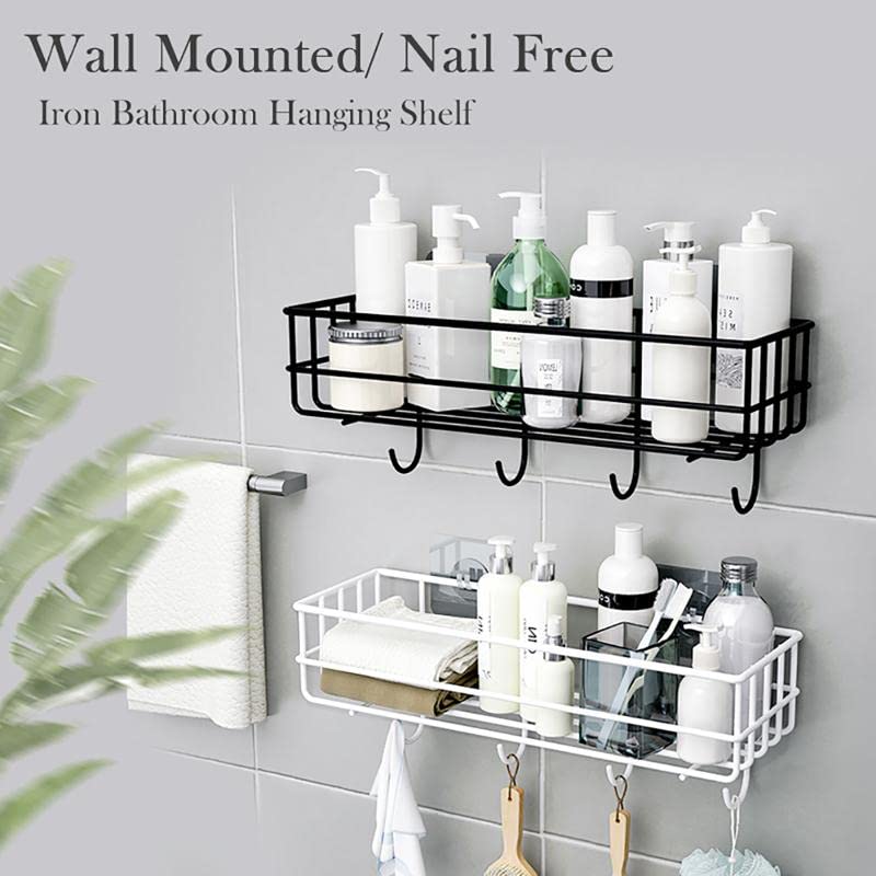 GREEYA Bathroom Rack - Bathroom Shelves - Kitchen Storage - Multipurpose Rack and Shampoo Holder with 4 Hook - Adhesive Metal Shelf Without Drilling (Black) (Bathroom and Kitchen Shelves with Hook) - Image 4