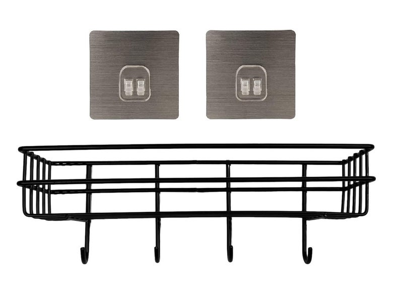 GREEYA Bathroom Rack - Bathroom Shelves - Kitchen Storage - Multipurpose Rack and Shampoo Holder with 4 Hook - Adhesive Metal Shelf Without Drilling (Black) (Bathroom and Kitchen Shelves with Hook) - Image 1