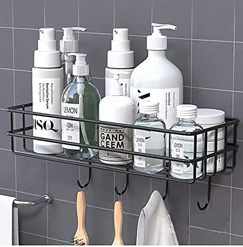 GREEYA Bathroom Rack - Bathroom Shelves - Kitchen Storage - Multipurpose Rack and Shampoo Holder with 4 Hook - Adhesive Metal Shelf Without Drilling (Black) (Bathroom and Kitchen Shelves with Hook) - Image 2