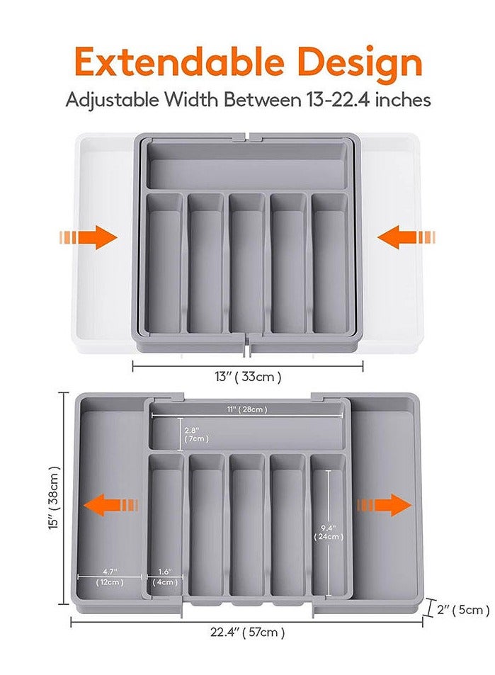 Expandable Cutlery Drawer Organizer, Plastic Silverware Tray for Kitchen, Adjustable Flatware with 8 Compartments, Non-Slip Utensil for Knives Spoons Forks, Fits Most Drawers, Grey  - Image 2