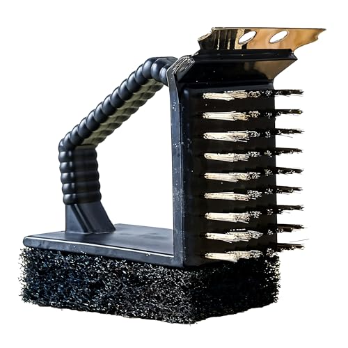 FRESHOME 3 in 1 BBQ Cleaning Grill Brush and Steel Wire Scraper, Portable Barbecue Grill Cleaner with Sponge, Charcoal Grill Special Accessories Tools, Outdoor Camping Kitchen Home-RA020 - Black - Image 1