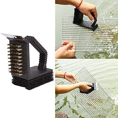 FRESHOME 3 in 1 BBQ Cleaning Grill Brush and Steel Wire Scraper, Portable Barbecue Grill Cleaner with Sponge, Charcoal Grill Special Accessories Tools, Outdoor Camping Kitchen Home-RA020 - Black - Image 2