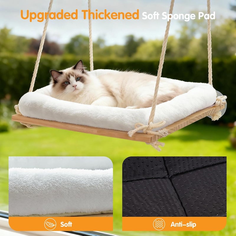 Anywish Cat Window Perch - Rustic Cat Hammock Bed with Solid Wood Seat - 4 Heavy - Duty Suction Cups, Plush Cushion - Indoor Window Perch Shelf for Cats - Image 5