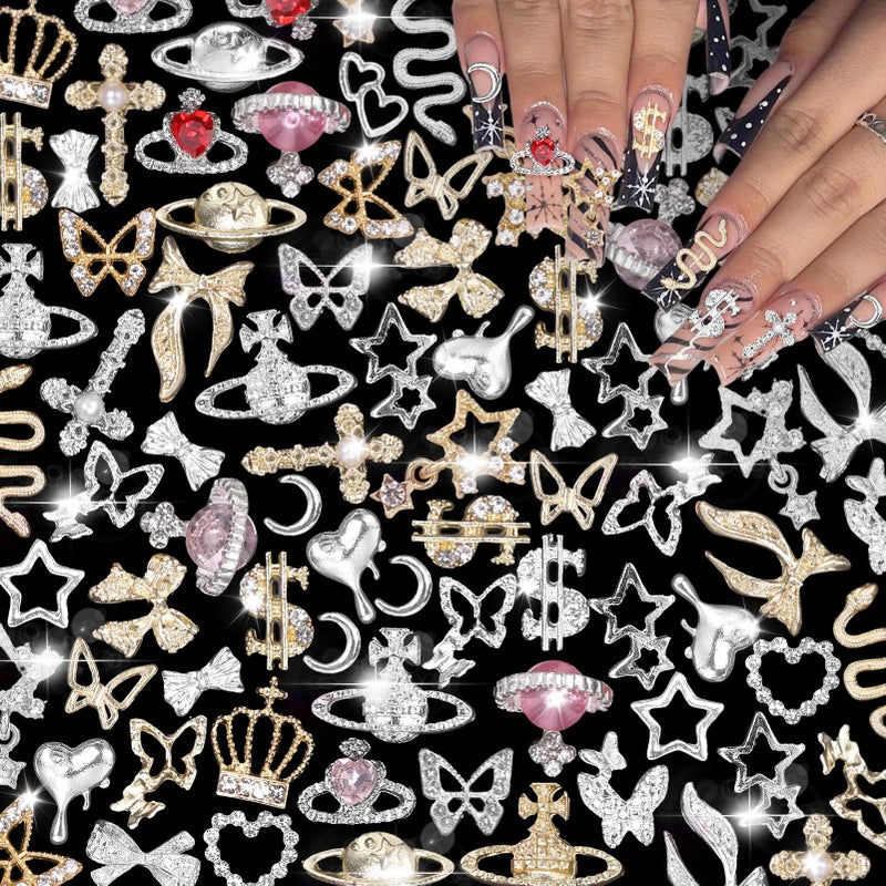 Uotey 105 Pcs Silver+Gold Nail Gems Charms, Planet Crown Dollar Nail Gems Snake Star Bow Nail Charms 3D Cross Nail Art Jewelry Charms + Gold Dollar Charms for Nail Art DIY Jewel Accessories - Image 1