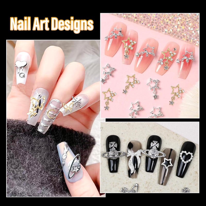 Uotey 105 Pcs Silver+Gold Nail Gems Charms, Planet Crown Dollar Nail Gems Snake Star Bow Nail Charms 3D Cross Nail Art Jewelry Charms + Gold Dollar Charms for Nail Art DIY Jewel Accessories - Image 5