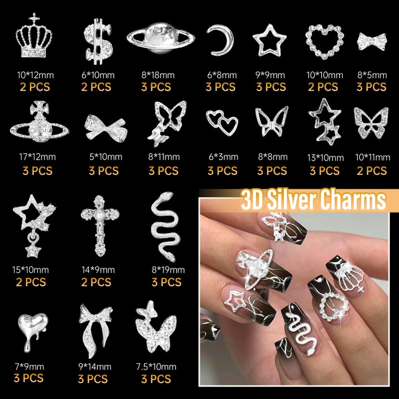 Uotey 105 Pcs Silver+Gold Nail Gems Charms, Planet Crown Dollar Nail Gems Snake Star Bow Nail Charms 3D Cross Nail Art Jewelry Charms + Gold Dollar Charms for Nail Art DIY Jewel Accessories - Image 2