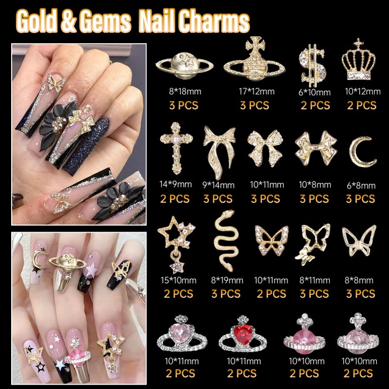 Uotey 105 Pcs Silver+Gold Nail Gems Charms, Planet Crown Dollar Nail Gems Snake Star Bow Nail Charms 3D Cross Nail Art Jewelry Charms + Gold Dollar Charms for Nail Art DIY Jewel Accessories - Image 3