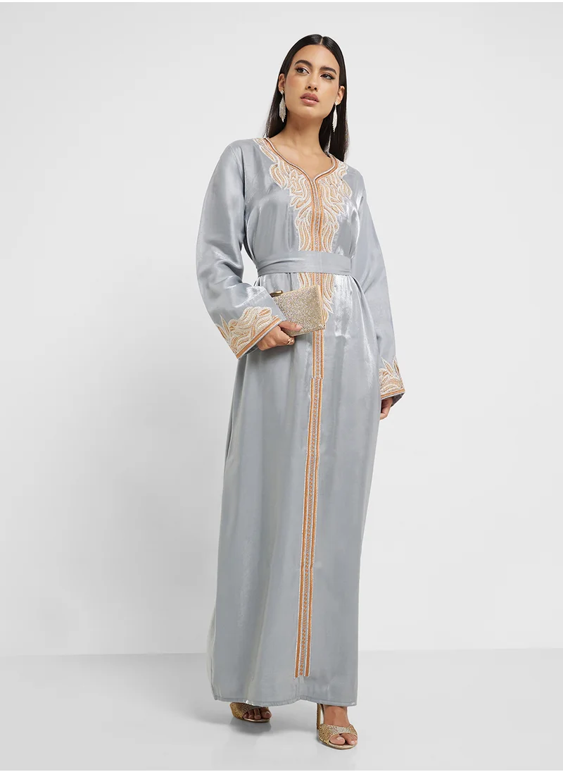 hayas closet Embroidered Belted Dress