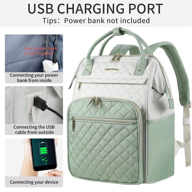 EMPSIGN 17 Inch Laptop Backpack for Women, Work Business Travel Computer College Bags, Large Capacity Water-repellent Quilted Casual Daypack with USB Port, Beige-Light Green - Image 5