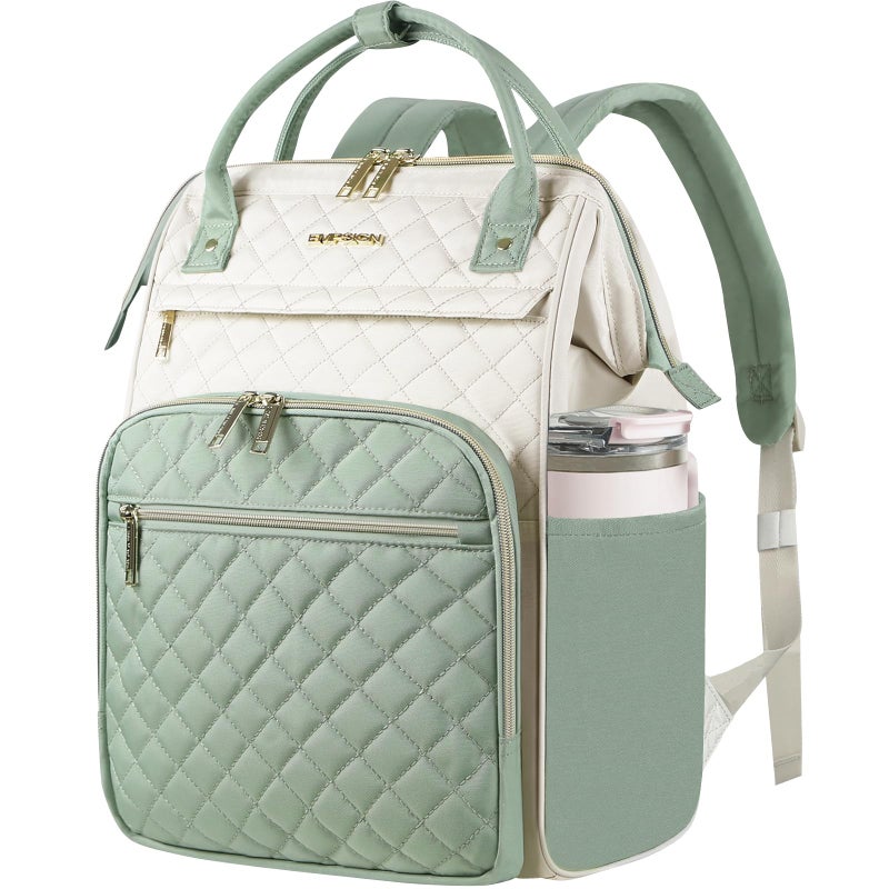 EMPSIGN 17 Inch Laptop Backpack for Women, Work Business Travel Computer College Bags, Large Capacity Water-repellent Quilted Casual Daypack with USB Port, Beige-Light Green - Image 1
