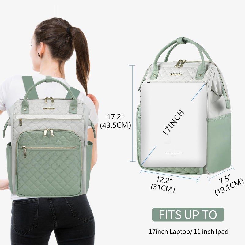 EMPSIGN 17 Inch Laptop Backpack for Women, Work Business Travel Computer College Bags, Large Capacity Water-repellent Quilted Casual Daypack with USB Port, Beige-Light Green - Image 2