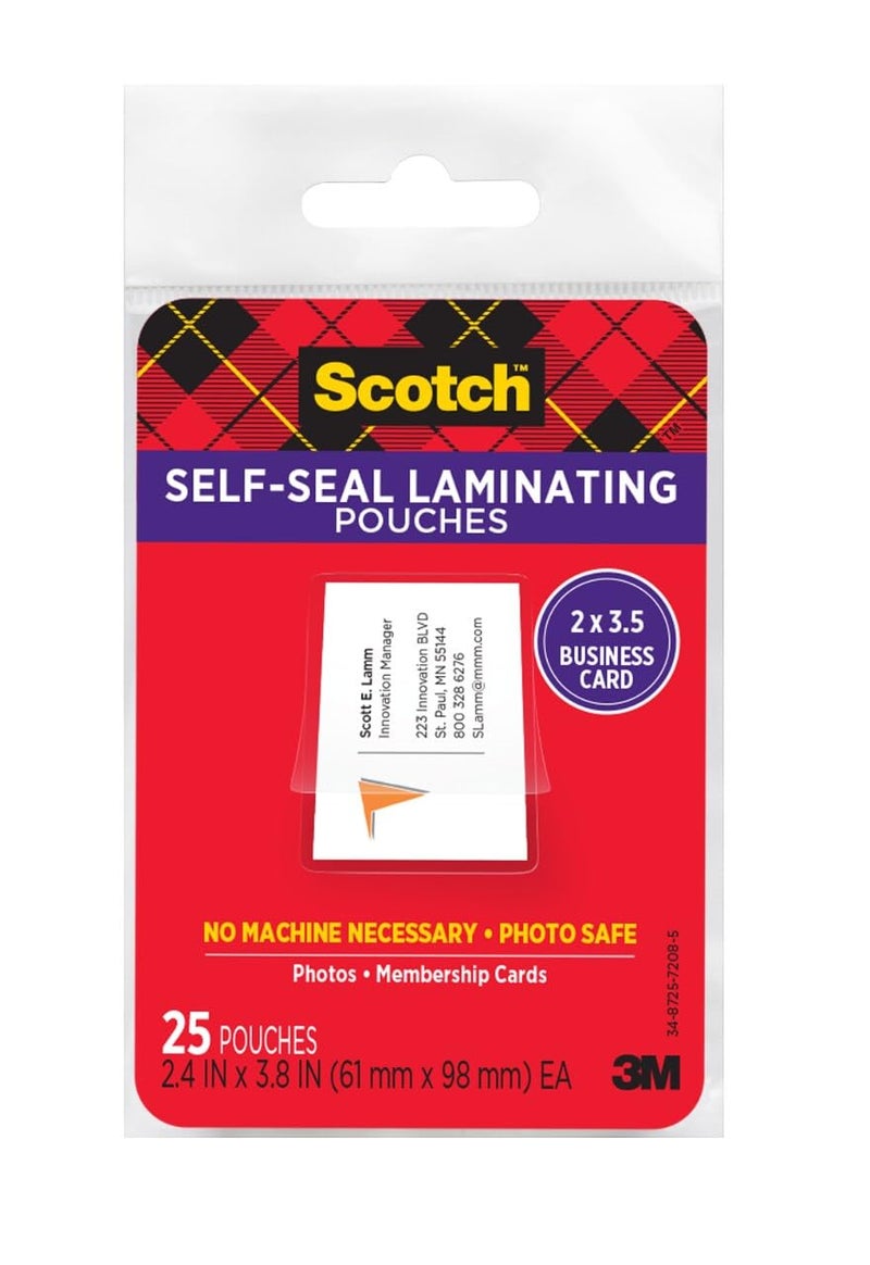 Scotch Self-Sealing Laminating Pouches, 2 in x 3.5 in Business Card Size, Great for Gift Tags, 25-Pack - Image 1