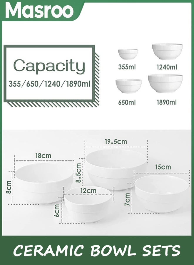 Masroo Porcelain Serving Bowls, 1890/1240/650/355ml Nesting Bowls, White Ceramic Bowl Sets, Versatile Bowls for Kitchen, Scratch Resistant, Thick-edge Non-slip Design, Oven & Microwave & Dishwasher Safe - Image 4
