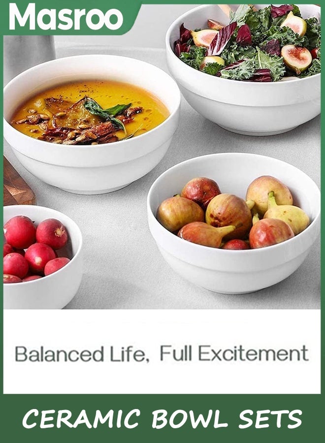 Masroo Porcelain Serving Bowls, 1890/1240/650/355ml Nesting Bowls, White Ceramic Bowl Sets, Versatile Bowls for Kitchen, Scratch Resistant, Thick-edge Non-slip Design, Oven & Microwave & Dishwasher Safe - Image 3