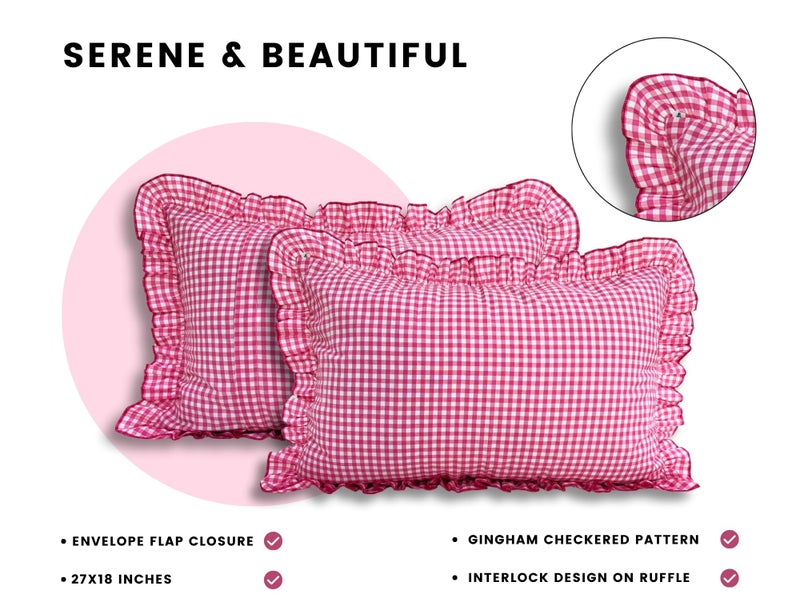 Sleepy Threads Pink Pillow Covers | Pack of 2 | 27x18 Inch, Checkered Throw Pillow Cases with Frill Border | Decorative Pillow Case for Sofa, Living Room, Bedroom, Diwan, and Couch - Image 5