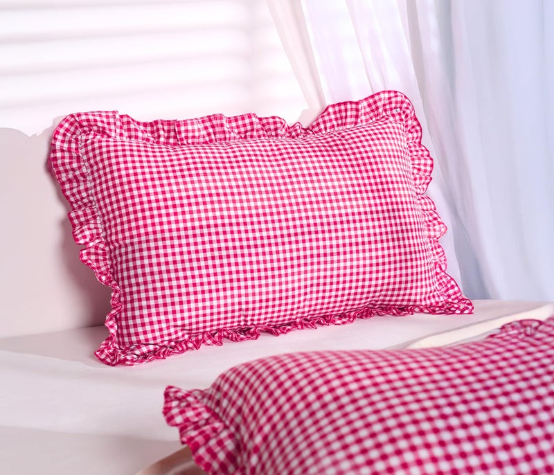 Sleepy Threads Pink Pillow Covers | Pack of 2 | 27x18 Inch, Checkered Throw Pillow Cases with Frill Border | Decorative Pillow Case for Sofa, Living Room, Bedroom, Diwan, and Couch - Image 1
