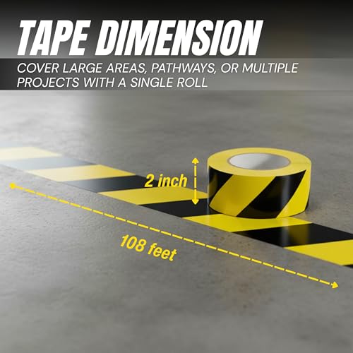 TAPIX Black & Yellow Hazard Warning Safety Stripe Floor Tape • 2 Inch x 108 Feet - Ideal for Walls, Floors, Pipes and Equipment - Image 2