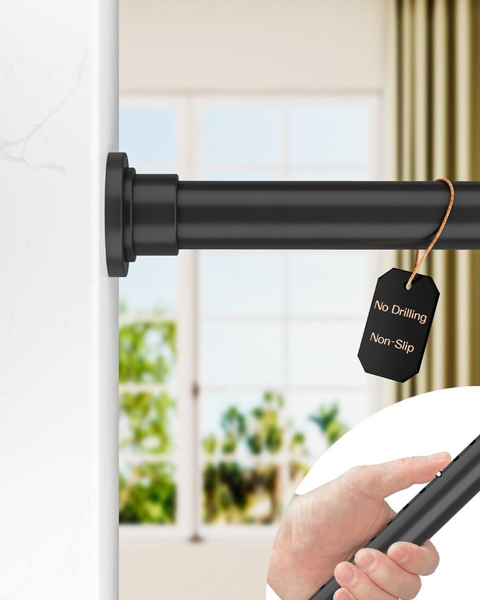 TENSION CURTAIN ROD FOR WINDOW 83123 INCHES HEAVY DUTY CURTAIN RODS NO DRILLING NONSLIP BATHROOM SHOWER TENSION ROD RENTER FRIENDLY ADJUSTABLE SPRING LOADED EXTRA LONG BLACK