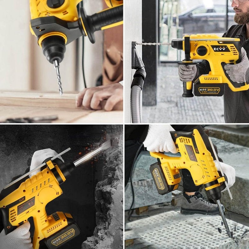 ECVV Rotary Hammer 20V Cordless Brushless Hammer Drill Kit Includes 1 X 4Ah Battery With Sds-Plus Chuck, 4 Modes, Safety Clutch, 360°Rotating Auxiliary Handle For Concrete, Metal & Wood Drilling - Image 5