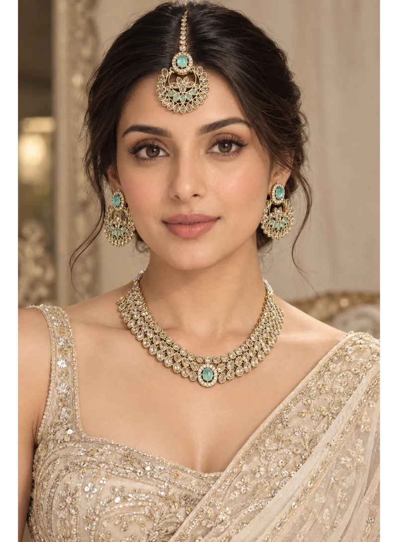 Lehar Mint Green Kundan Layered Choker Set with Chandbali Earrings & Maang Tikka - Indian Bridal Jewelry