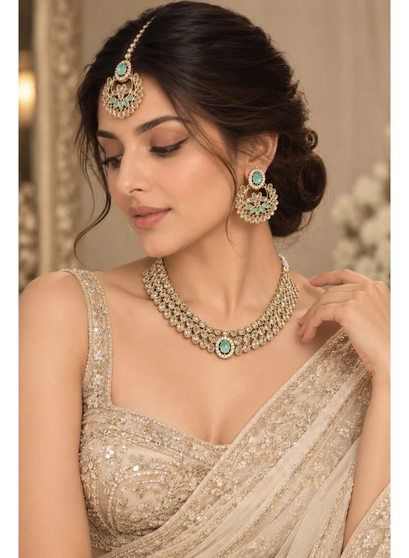 Lehar Mint Green Kundan Layered Choker Set with Chandbali Earrings & Maang Tikka - Indian Bridal Jewelry