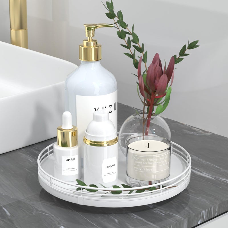 Oroyutor 9 Oak Wood Bathroom Tray for Counter Vanity Tray for Perfume Lotion Candle Makeup Jewelry Sink Soap Holder Turntable Dresser Organizer Countertop Coffee Table Decor Organization and Storage White - Image 2