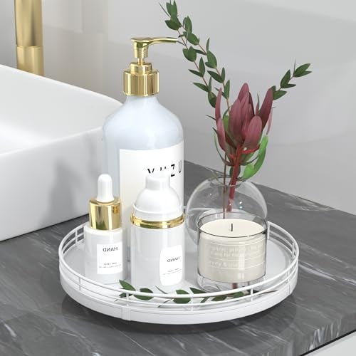 Oroyutor 9 Oak Wood Bathroom Tray for Counter Vanity Tray for Perfume Lotion Candle Makeup Jewelry Sink Soap Holder Turntable Dresser Organizer Countertop Coffee Table Decor Organization and Storage White - Image 1